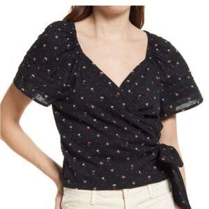 Madewell Black and Pink Floral Short Sleeve Wrap Top Size Small